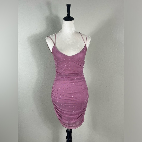 Pink Rhinestone Ruched Mini Dress - Picture 3 of 5